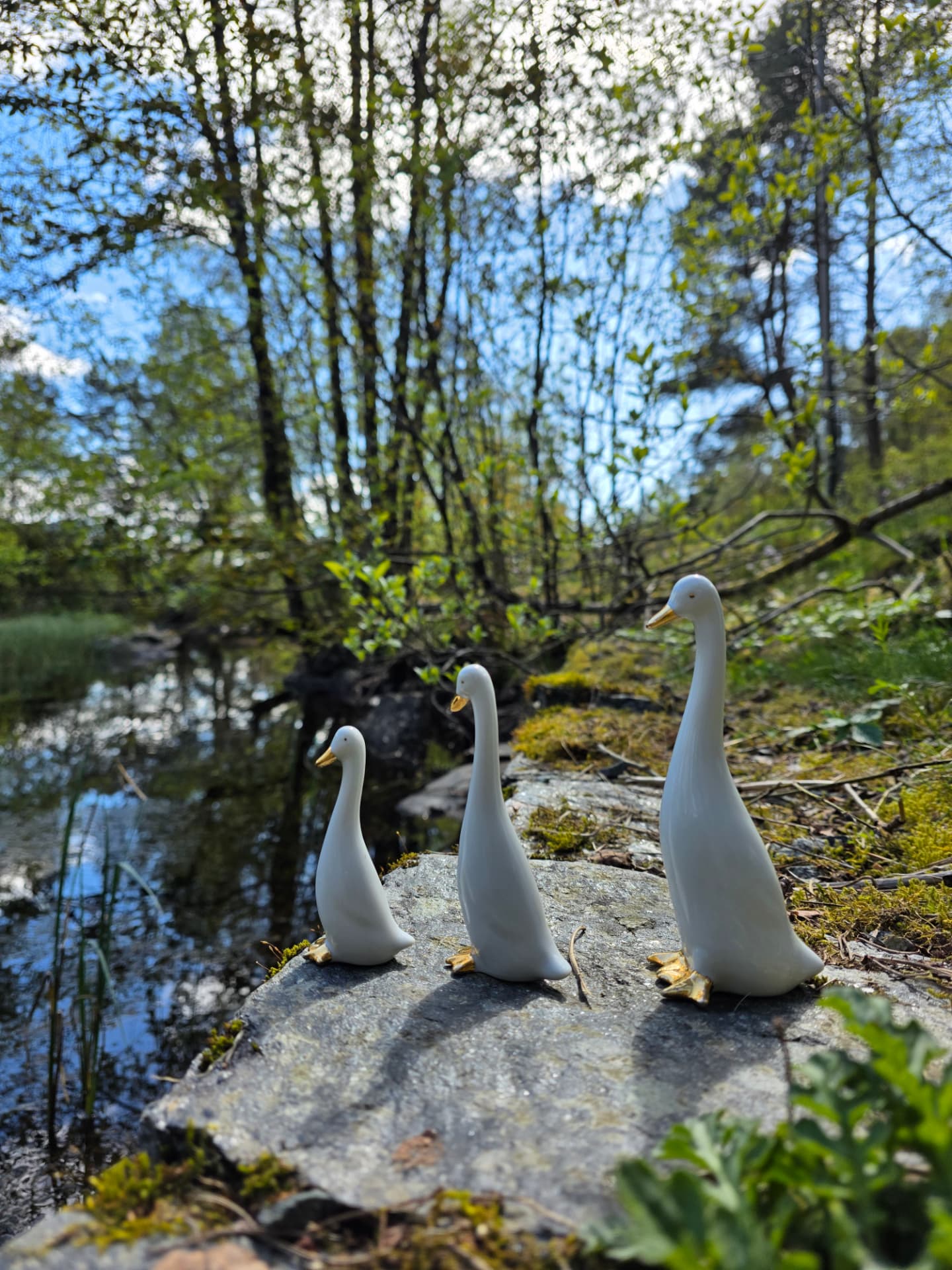 Tre hvite porselensender med gullnebb på en stein ved vannet